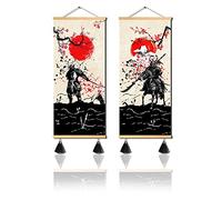 MBOUFOEY 2 Pieces Red Black Ancient Japan Warrior and Fuji Mountain Scroll Painting Samurai Canvas Wall Art Print Poster Ready To Hang Vintage Style Artwork Home Decor 12"x32"x2pcs