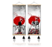 MBOUFOEY Red Grey Ancient Japan Warrior and Cherry Blossom Scroll Painting Women Samurai Canvas Wall Art Print Poster Ready To Hang Vintage Style Artwork Home Decor Framed 12"x32"x2pcs