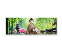 MBOUFOEY Zen Art Canvas Print,Green Bamboo,Black Stone,Flower and Buddha Statues Natural Landscape Painting Modern Wall Art Large Banner Decor Painting for Office Home (Gold, 56x156cm No Frame)