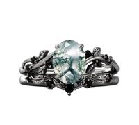 MBSUUH 1.5 Carat Black Gold Moss Agate Ring Set Nature Inspired Aquatic Agate Engagement Ring Vintage Cluster Oval Shape Leaf Wedding Rings Set for Women P 1/2