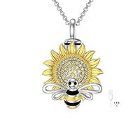 MBSUUH Honey Bee Sunflower Cremation Urn Necklace 925 Sterling Silver Bumblebee Human Keepsake Ashes Hair Memorial Pendant Locket Jewellery for Women
