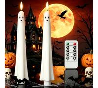 Mbuaopa 2PCS Halloween Ghost Flameless Taper Candles, Flickering Ghost Taper Candles with Remote and Timer, 3D Spooky Ghosts Halloween LED Candles for Indoor Holiday Party Home Decoration