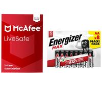 Mcafee LiveSafe with new Scam Detector (1 year, unlimited devices) & Max AA Alkaline Batteries (Pack of 8) Bundle