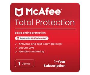 McAfee Total Protection 2026 with VPN | 1 Year | Suitable for 1 Device | PC, Mobile or Tablet
