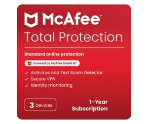 McAfee Total Protection | 3 Devices | 1 Year | Windows, Mac, Android & iOS