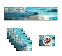 Mcalk Farmhouse Turquoise Table Runner and Placemats Set of 6 Pieces,Teal Turquoise Placemats Modern Art,Blue Grey Abstract Art Cloth Place Mats for Kitchen,Linen Material for Dining Table