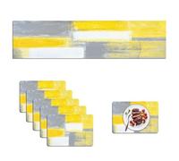 Mcalk Yellow Table Runner and Placemats Set of 6, Modern Grey Placemats, Abstract Cloth Place Mats Indoor for Kitchen,Washable Linen Material for Dining Table