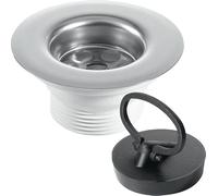 McAlpine Centre Pin Sink Waste: 85mm Stainless Steel Flange with Black PVC Handle Plug - BSW6PR