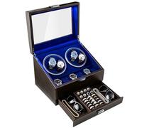 Mcbazel Automatic Watch Winder for 4 Watches with 6 Storage Slots, 4 Watch Winder Box with Jewelry Organizer Drawer, Smart Lid-Off Auto-Stop, Atmospheric Blue LED Light (Brown)