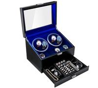 Mcbazel Automatic Watch Winder for 4 Watches with 6 Storage Slots, 4 Watch Winder Box with Jewelry Organizer Drawer, Smart Lid-Off Auto-Stop, Atmospheric Blue LED Light
