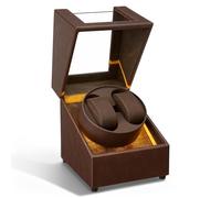 Mcbazel LED Double Automatic Watch Winder with Yellow Light, Quiet Motor Display Storage Rotation Wrist PU Leather Watch Box with 2 Slots-Brown