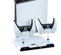 Mcbazel PS5 Cooling Stand with Dual Controller Charging Station, Multifunctional Vertical Stand for Playstation 5/Slim/Pro Consoles, Includes 4 Type-C Adapters, USB Cable, and Headset Holder, White