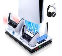 Mcbazel PS5/PS5 Slim/PS5 Pro Stand and Cooling Station with Dual Controller Charging Station for Playsation 5 Disc/Digital, PS5 Slim/PS5/PS5 Pro Cooling Stand with 3 Levels Cooling Fan-White