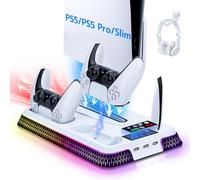 Mcbazel PS5/Slim & Pro Cooling Stand & Dual Controller Charging Station, PS5 Accessories with RGB Light & Headset Hook (Black)