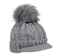 McBURN Britta Cable Knit Beanie Women - Made in Italy Winter Pompom hat with Peak, Lining, Lining Autumn-Winter - One Size Grey