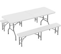 MCC Direct 6Ft Folding Table And Benches Heavy Duty Indoor And Outdoor Use Garden Camping Event Table White