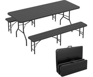 MCC Direct 6Ft Folding Table And Benches Heavy Duty Indoor And Outdoor Use Garden Camping Event Table Dark Wood