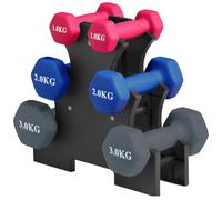 Mcc Direct Premium Hex Dumbbell Set with Organizer Rack - 1kg, 2kg, 3kg Pair Set - Soft Touch Non-Slip Grip for Strength Training & Toning - Space Saving Design