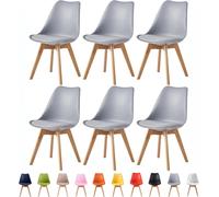 MCC Direct Set of 6 Dining Chairs with Solid Wooden Legs & Seat Cushion Pads in Grey - Eva by MCC MCC Direct Grey
