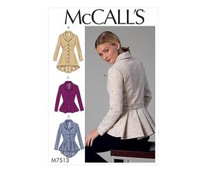 McCall's Ladies Sewing Pattern 7513 Notch Collar Peplum Jackets