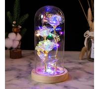 MCDSAJ LED Light Golden Flower Purple Colorful Gold Foil, Light Up Rose Flowers Gift,Rose Flower in Glass Dome, Christmas Rose Gift for her, Anniversary On Any Occasion, Multicolor, 11.5x9x21 cm