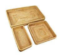 MCDSAJ Vietnamese Woven Storage Baskets Rectangular Tray Set Durable Handcrafted Rattan Organisers Multipurpose Storage for Snacks Desk or Kitchen Essentials (3 Pcs Set)