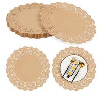 MCEAST 100 Pack Round Brown Kraft Paper Doilies 13.5 Inches Lace Paper Place Mats Rustic Scallop Doily Disposable Table Pads for Food Cakes Crafts Party Weddings Tableware Decor
