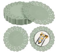 MCEAST 100 Pack Round Sage Green Paper Doilies 13.5 Inches Lace Paper Place Mats Rustic Scallop Doily Disposable Table Pads for Food Cakes Crafts Party Weddings Tableware Decor