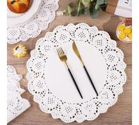 MCEAST 100 Pack Round White Paper Doilies 13.5 Inches Lace Paper Place Mats Rustic Scallop Doily Disposable Paper Table Pads for Food Cakes Crafts Party Weddings Tableware Decor
