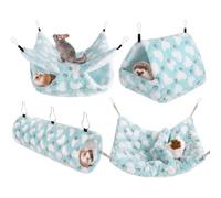MCEAST 4 Pieces Small Pets Cage Accessories Hanging Hammock Sleeping Bag Tunnel and Bed Hideout Set Warm Sleep Nap Sack Bed for Hamster Ferret Squirrel Rabbit, Light Blue Hearts