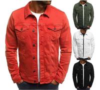 MCGOS Mens Bomber Jacket Long Sleeve Denim Look Work Coat Jacket Cardigan Men Casual Button Down Open Front Sweatshirt Pullover Sweater Jumper with Multi Pockets Red UK Size 16