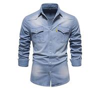 MCGOS Mens Oversized Denim Look Western Cowboy Oxford Shirts Tees Shirt Men's Long Sleeve Button Down Non Iron Slim Fit T-shirt Casual Shirts Trendy Top with Pockets Light Blue UK Size 14