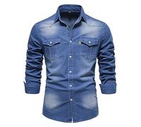 MCGOS Mens Oversized Denim Look Western Cowboy Oxford Shirts Tees Shirt Men's Long Sleeve Button Down Non Iron Slim Fit T-shirt Casual Shirts Trendy Top with Pockets Blue UK Size 10