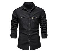 MCGOS Mens Oversized Denim Look Western Cowboy Oxford Shirts Tees Shirt Men's Long Sleeve Button Down Non Iron Slim Fit T-shirt Casual Shirts Trendy Top with Pockets Black UK Size 14