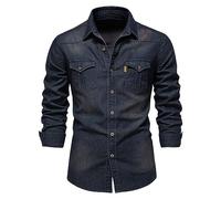 MCGOS Mens Oversized Denim Look Western Cowboy Oxford Shirts Tees Shirt Men's Long Sleeve Button Down Non Iron Slim Fit T-shirt Casual Shirts Trendy Top with Pockets Navy UK Size 12