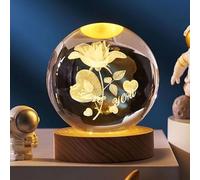 MCHERRY 3D Deer Forest Crystal Ball Night Light Ball Projection Lamp Planet Model,3D Crystal Ball with Led Wooden Base Gift for Christmas Thanksgiving Birthday, Home Room Decor LED Night (Roses, 6CM)