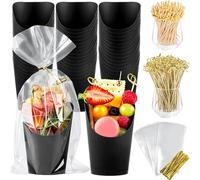 MCHERRY 50 sets of 14 ounce deli cups, paired with sticks, single box black paper, disposable fruit appetizer cups (50 cups+200 cocktails with thorns+50 bags) (Black)