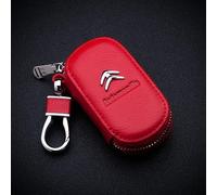 MCHHYL Leather Car Key Logo Badge Bag for Citroen C3 Aircross 2017-2020 2021 2022 2023 2024, Car Key Fob Cover Keyring Pouch Waterproof with Metal Hook,Red-Round type