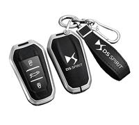 MCHHYL Leather Car Key Logo Badge Bag for DS 3 Crossback DS7 DS4 DS3 DS Spirit, Car Key Fob Cover Keyring Pouch Waterproof with Metal Hook,Black-Silver case-Bracelet style