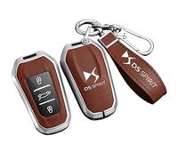 MCHHYL Leather Car Key Logo Badge Bag for DS DS3 DS4 DS5 DS6 DS7 DS9, Car Key Fob Cover Keyring Pouch Waterproof with Metal Hook,Brown-Silver case-Bracelet style