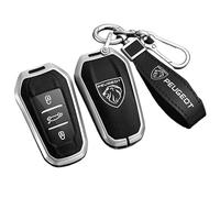 MCHHYL Leather Car Key Logo Badge Bag for Peugeot 3008 E3008 P64 2024 2025, Car Key Fob Cover Keyring Pouch Waterproof with Metal Hook,Black-Silver