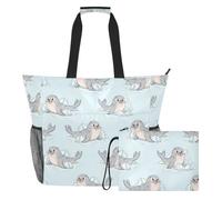 MCHIVER Arctic Seal Iceberg Blue Pattern Large Beach Bag for Women Waterproof Sandproof Travel Beach Bag with Wet Pocket for Family Outdoor