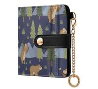 MCHIVER Bears Trees Blue Print Women Wallet RFID Blocking Card Holder Wallet for Women PU Leather Bifold Zipper Coin Pocket with ID Window for Female Ladies