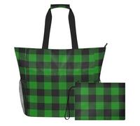 MCHIVER Buffalo Plaid Hunter Green Print Large Beach Bag for Women Waterproof Sandproof Travel Tote Pool Bag with Wet Pocket for Swim Gym
