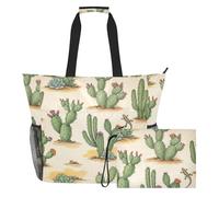 MCHIVER Cactus Desert Lizard Beige Pattern Large Beach Bag for Women Waterproof Sandproof Swim Pool Beach Tote with Wet Pocket for Family Travel