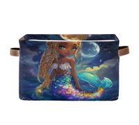 MCHIVER Cartoon Mermaid Moonlit Indigo Storage Bins with Handles Foldable Sturdy Cube Organizer Baskets for Closet Toys Nursery Books Clothes, 14.2x10.2x8.3 Inches