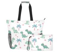 MCHIVER Dinosaur Jungle Palm Tree Pattern Large Beach Bag for Women Waterproof Sandproof Travel Beach Bag with Wet Pocket for Gym