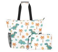 MCHIVER Dinosaur Jungle Palms White Pattern Large Beach Bag for Women Waterproof Sandproof Travel Pool Bag with Wet Pocket for Sports Gym