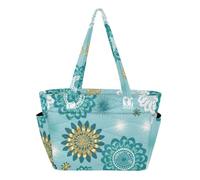 MCHIVER Floral Flowers Mandala Teal Print Quilted Tote Bag for Women Lightweight Fashion Tote with Compartments Large Shopper Handbag for Travel