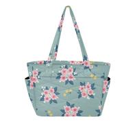 MCHIVER Flowers Blossoms Leaves Teal Pattern Quilted Tote Bag for Women Lightweight Work Tote Bags with Compartments Large Shoulder Handbag for Gym Work Women